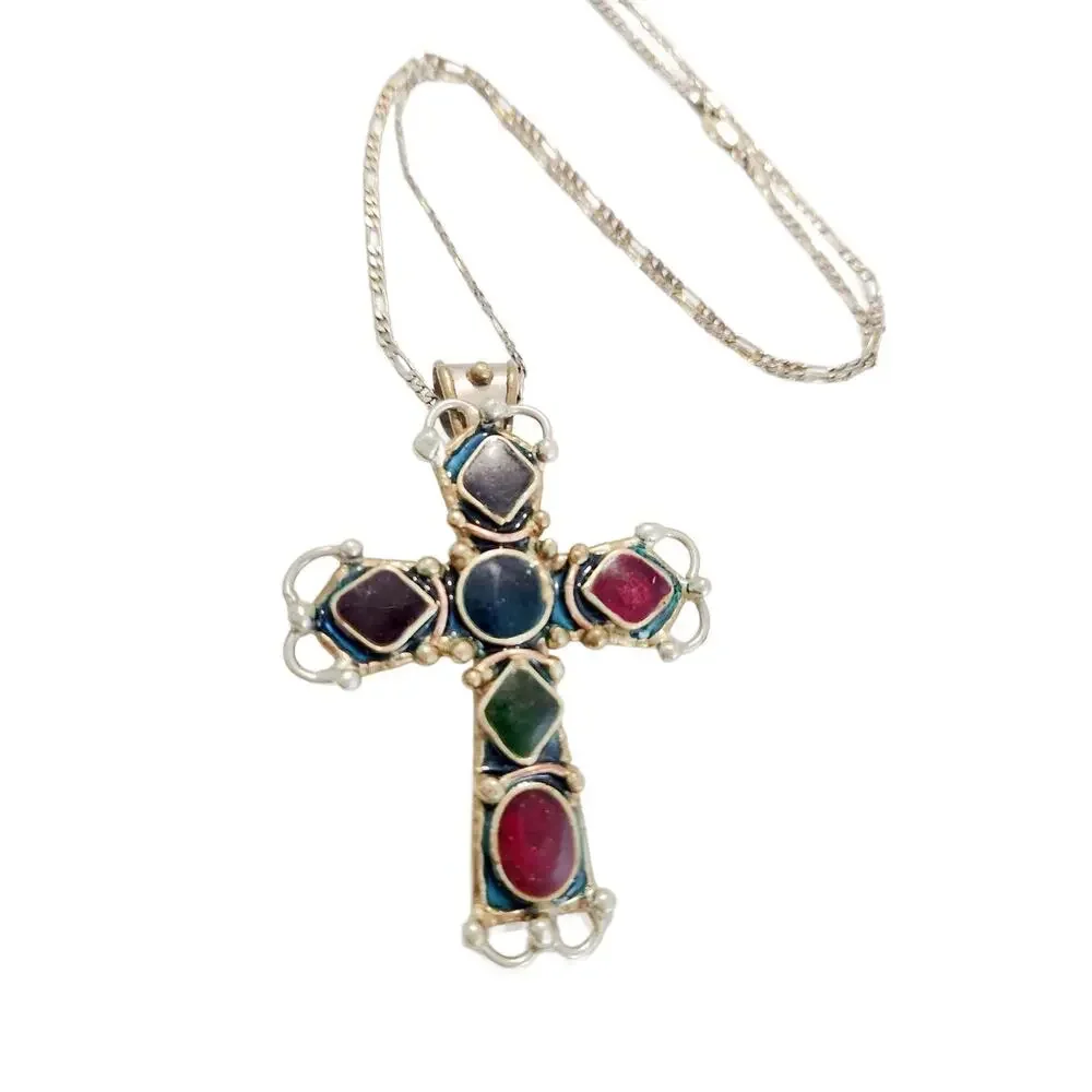 Vintage Artisan Semi Precious Stone Cross Necklace